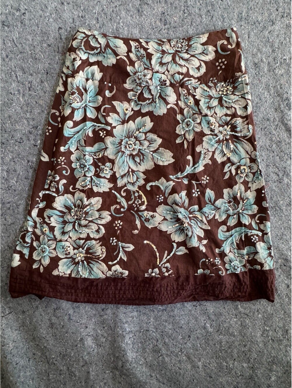 Coldwater Creek 14 Brown Aqua Floral Sequin Skirt A-Line Cotton Lined Y2K Boho
